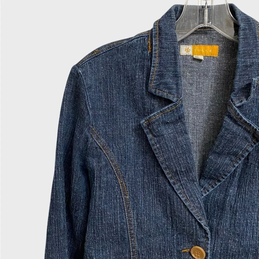 Tulle Women's Three-Button Denim Jacket Sz L Fitted Pockets Retro Chic Coquette